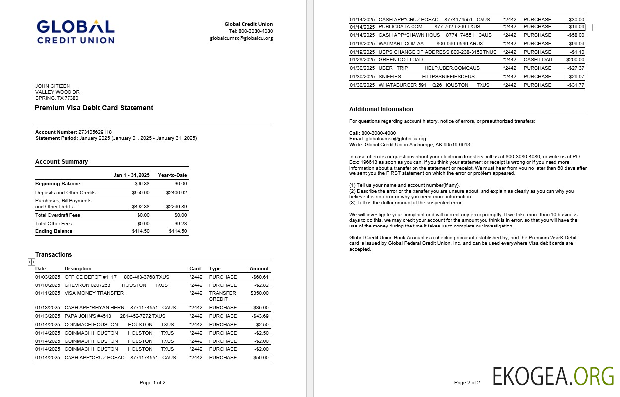 Relevé bancaire USA Alaska Global Credit Union, modèle Word et PDF, 2 pages